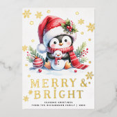 Cute Penguin White Red Gold Merry Bright Christmas Folie Feestdagenkaart (Voorkant)