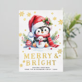 Cute Penguin White Red Gold Merry Bright Christmas Folie Feestdagenkaart (Staand Voorkant)