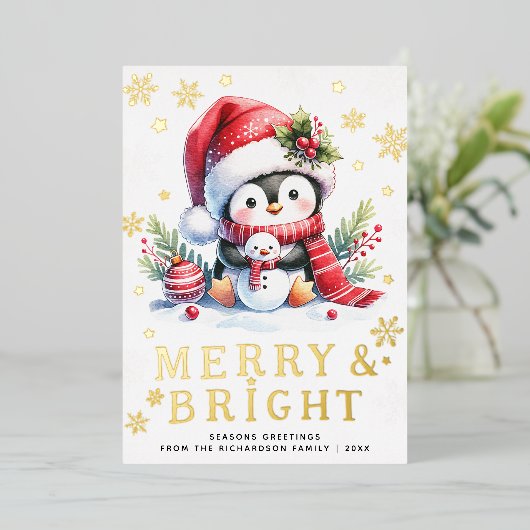 Cute Penguin White Red Gold Merry Bright Christmas Folie Feestdagenkaart (Staand Voorkant)