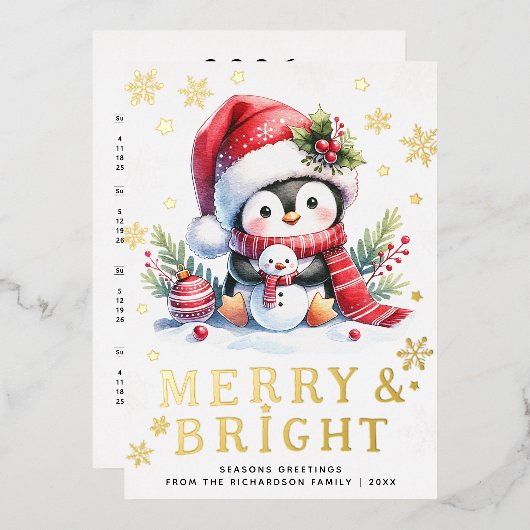 Cute Penguin White Red Gold Merry Bright Christmas Folie Feestdagenkaart (Voorkant / Achterkant)