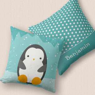 Cute Penguin Winter Cartoon and Name Blue 2-side Kussen
