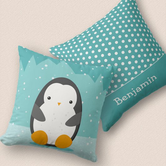 Cute Penguin Winter Cartoon and Name Blue 2-side Kussen