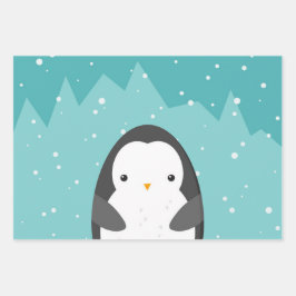 Cute Penguin Winter Cartoon Blue Inpakpapier Vel
