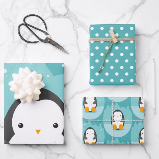 Cute Penguin Winter Cartoon Blue Inpakpapier Vel (Voorkant)