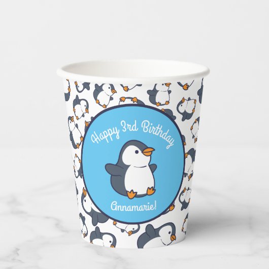 Cute Penguin Winter Kids Birthday Party Papieren Bekers (Voorkant)