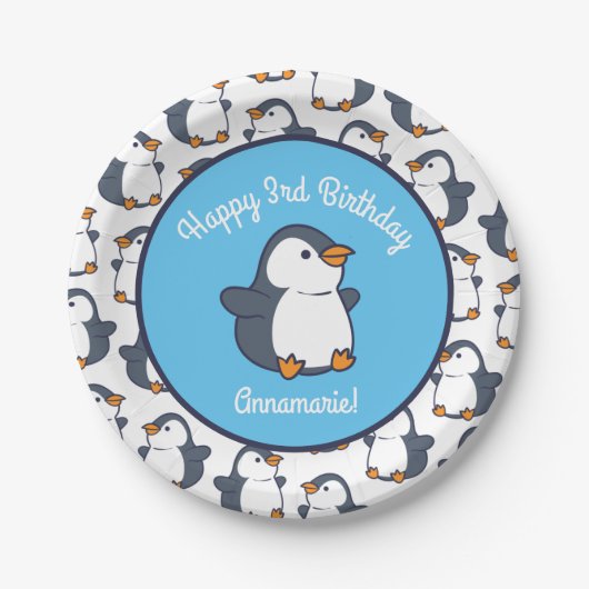 Cute Penguin Winter Kids Birthday Party Papieren Bordje (Voorkant)