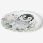 Cute Penguin Winter Onederland Greenery Gold Party Papieren Bordje (Gekanteld)