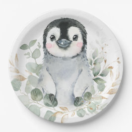Cute Penguin Winter Onederland Greenery Gold Party Papieren Bordje