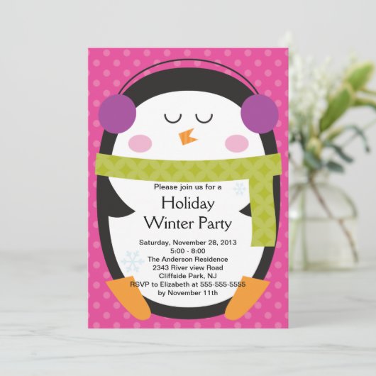 Cute Penguin Winter Party Invitation Kaart (Staand voorkant)