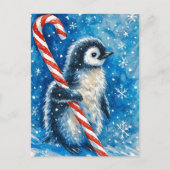 Cute Penguin with Candy Cane Christmas Postcard Feestdagenkaart (Voorkant)