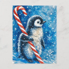 Cute Penguin with Candy Cane Christmas Postcard Feestdagenkaart
