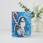 Cute Penguin with Candy Cane Christmas Postcard Feestdagenkaart (Staand voorkant)