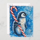 Cute Penguin with Candy Cane Christmas Postcard Feestdagenkaart (Voorkant / Achterkant)