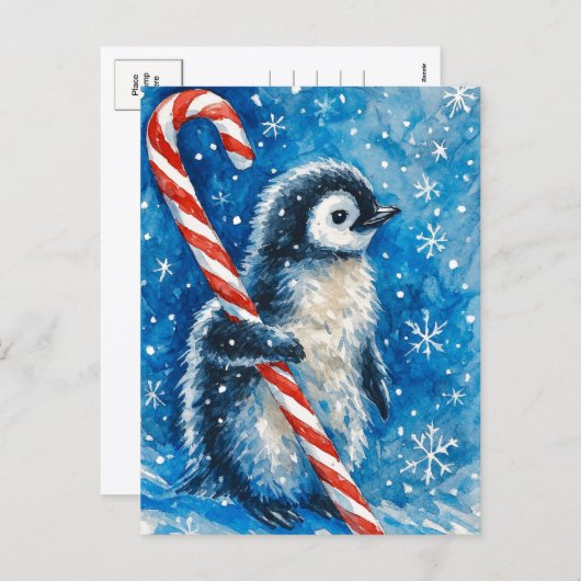 Cute Penguin with Candy Cane Christmas Postcard Feestdagenkaart (Voorkant / Achterkant)