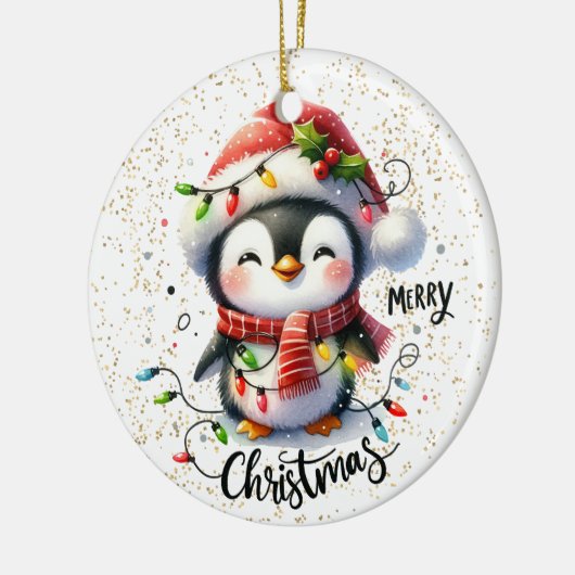 Cute Penguin Wrapped in Lights Kid's Christmas Keramisch Ornament (Links)