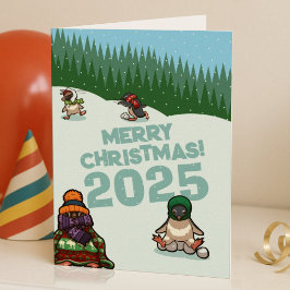 Cute Penguins Add The Year Merry Christmas! Winter Feestdagen Kaart