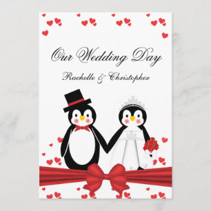 Cute Penguins Bride & Groom Wedding Invitations Kaart