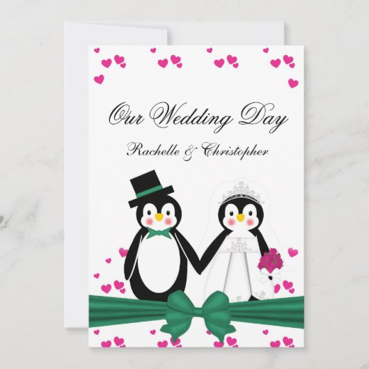 Cute Penguins Bride & Groom Wedding Invitting PG Kaart (Voorkant)