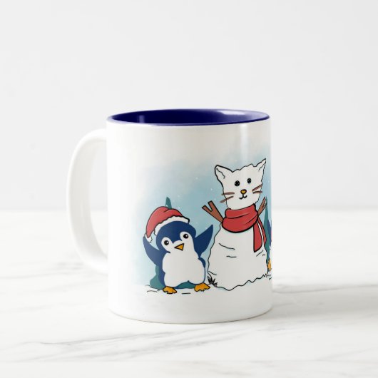 Cute Penguins building a Christmas Snowcat Tweekleurige Koffiemok (Voorkant links)