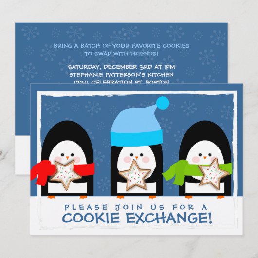 Cute Penguins Cookie Exchange Party Invitation Kaart (Voorkant / Achterkant)