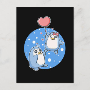 Cute Penguins Couple Heart Balloon Penguin Briefkaart