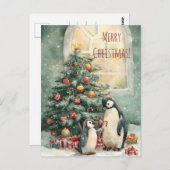 Cute penguins decorates Christmas tree, Christmas Briefkaart (Voorkant / Achterkant)