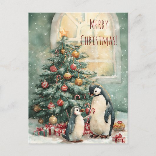 Cute penguins decorates Christmas tree, Christmas Briefkaart (Voorkant)