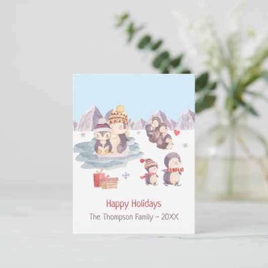 Cute Penguins die spelen in sneeuw Prettige feestd Briefkaart (Staand voorkant)