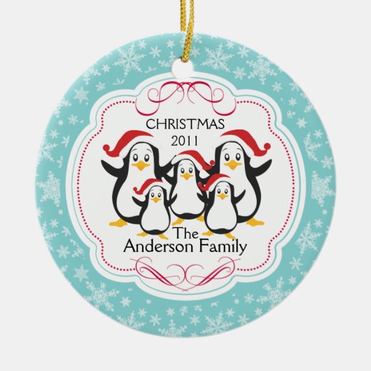 Cute Penguins Familie van 5 kerstversiering Keramisch Ornament (Voorkant)