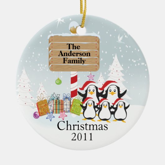 Cute Penguins Familie van 5 kerstversiering Keramisch Ornament (Voorkant)