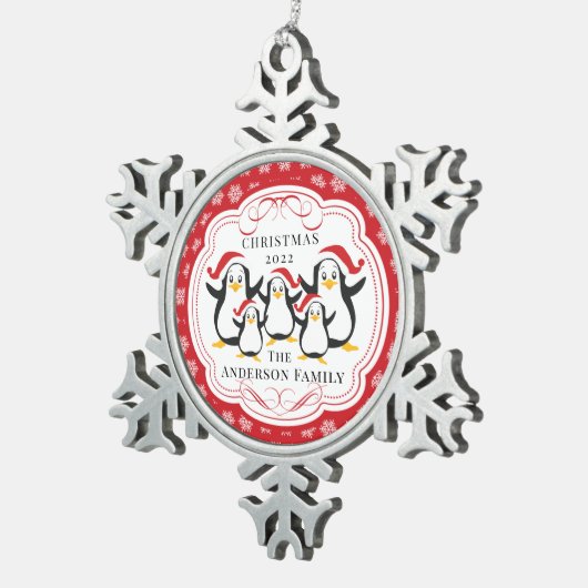 Cute Penguins Familie van 5 kerstversiering Tin Sneeuwvlok Ornament (Rechts)