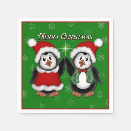 Cute Penguins Green Merry Christmas Napkins Servet (Voorkant)