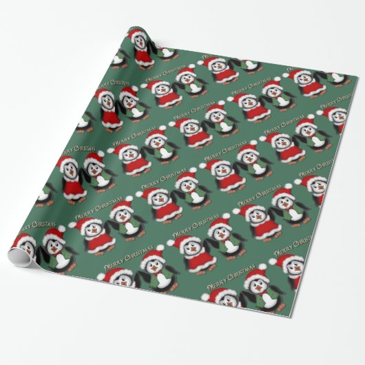 Cute Penguins Green Merry-kerstakelpapier Cadeaupapier (Uitgerold)