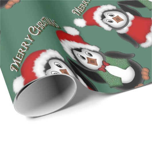 Cute Penguins Green Merry-kerstakelpapier Cadeaupapier (Rol Hoek)