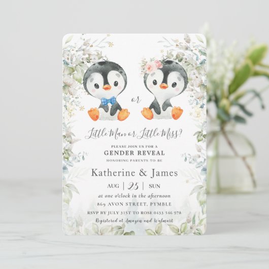 Cute Penguins Greenery Gender onthulling Baby show Kaart (Staand voorkant)