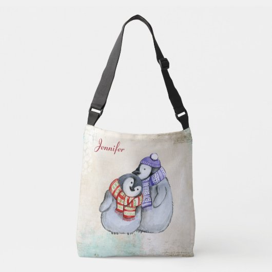 Cute Penguins in Winter Scarves and Petten Custom Crossbody Tas (Voorkant)