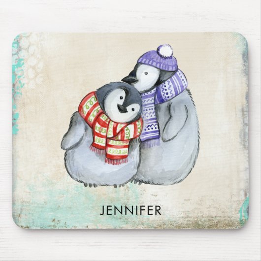 Cute Penguins in Winter Scarves and Petten Custom Muismat (Voorkant)