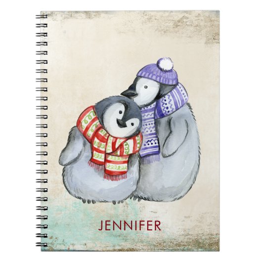 Cute Penguins in Winter Scarves and Petten Custom Notitieboek (Voorkant)
