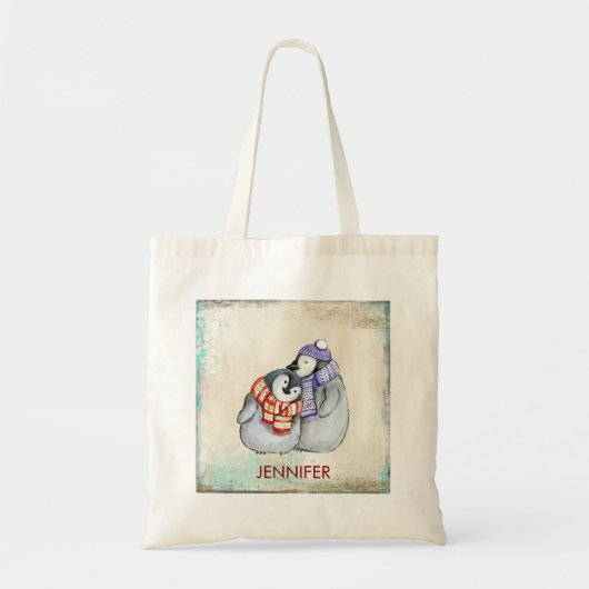 Cute Penguins in Winter Scarves and Petten Custom Tote Bag (Voorkant)