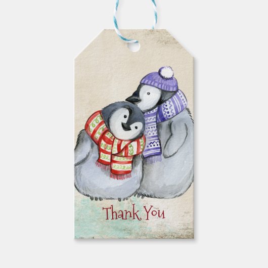 Cute Penguins in Winter Scarves en Petten Hartelij Cadeaulabel (Voorkant)