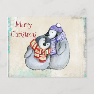 Cute Penguins in Winter Scarves en Petten Kerstmis Feestdagenkaart