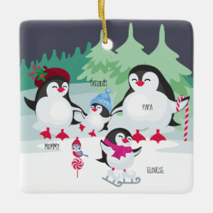 Cute Penguins met Names for Family of 4 Keramisch Ornament