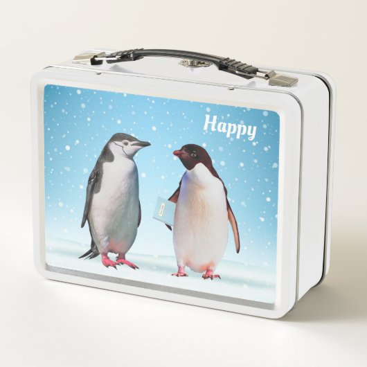 Cute Penguins on Light Blue Metal Lunch Box (Achterkant)