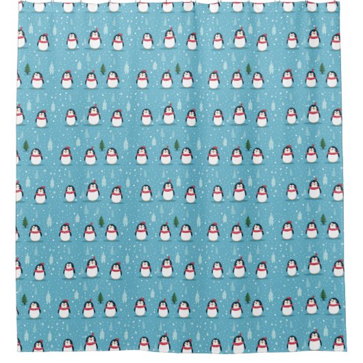 Cute Penguins on Light Blue with Snowflakes  Douchegordijn (Voorkant)