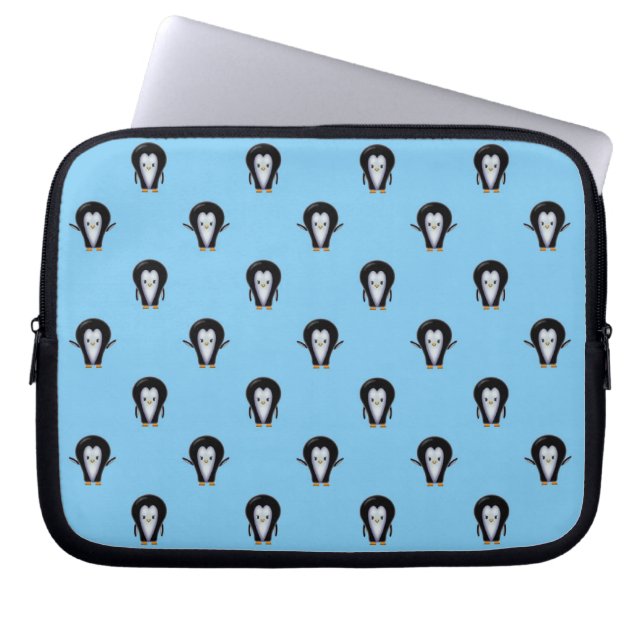 Cute Penguins over Winter Blue Laptop Sleeve (Voorkant)