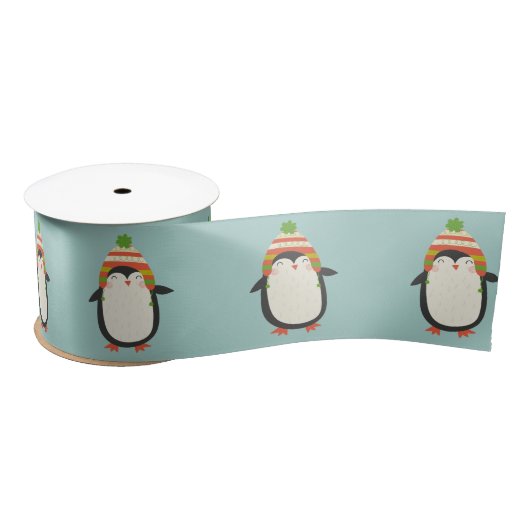 Cute Penguins Pattern - Aqua Green Kerstmis Satijnen Lint (Spoel)