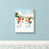 Cute Penguins Playing in Snow Watercolor Nursery  Canvas Afdruk (Insitu (Houten vloer))
