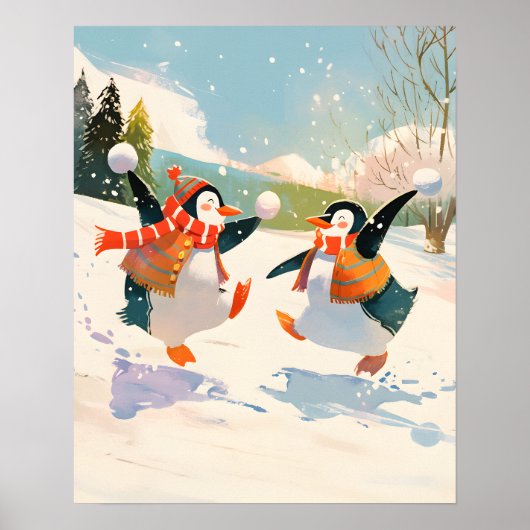 Cute Penguins Playing in Snow Watercolor Nursery  Poster (Voorkant)