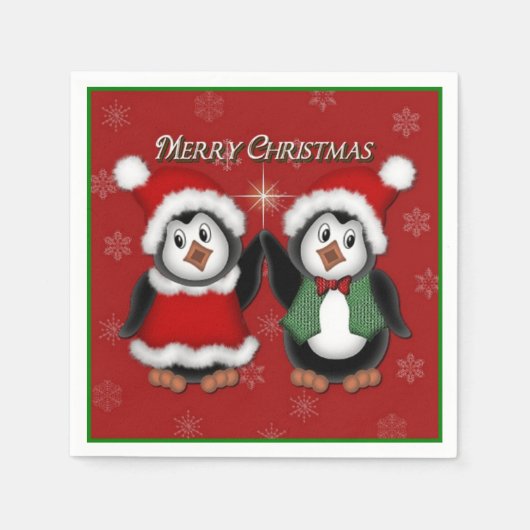 Cute Penguins Red Merry Kerstmis Napkins Servet (Voorkant)