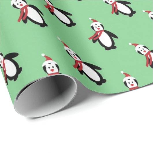 Cute Penguins Santa Hat Light Green Kerstmis Cadeaupapier (Rol Hoek)